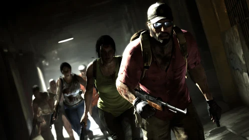 Armed survivor advances through dim corridor amid infected horde