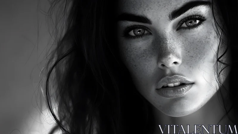 Monochrome close-up portrait with freckled luminous skin.