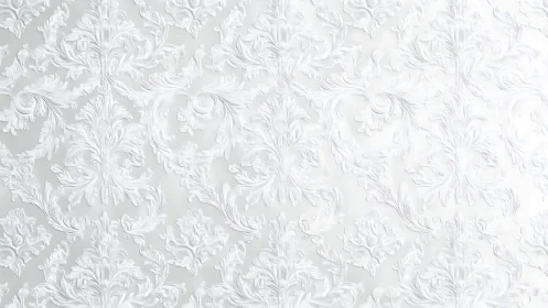 White damask wallpaper with raised baroque floral pattern.