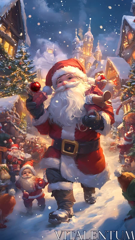 Santa marches through glowing snowy village street scene.