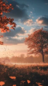 Autumn field sunset with lone tree and drifting leaves.