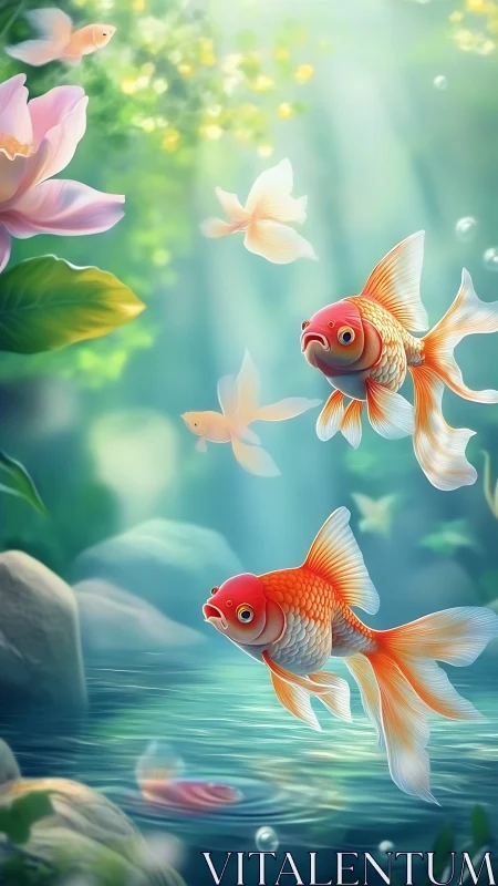 Bright orange goldfish swim in soft light pond scene.