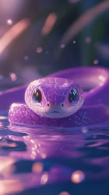 Purple stylized snake resting on reflective water surface.