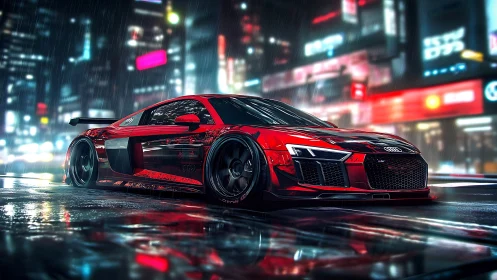 Red sports coupe on wet neon city street at night scene.