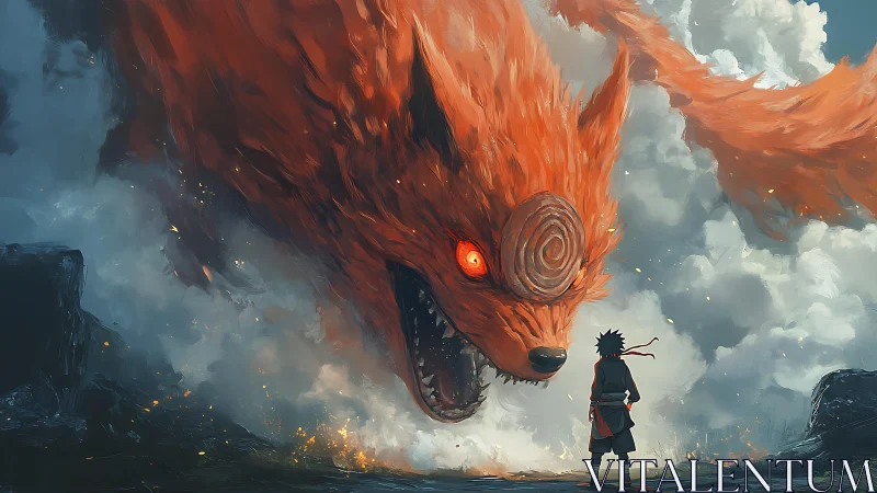 Fiery colossal fox spirit confronting lone ninja warrior.