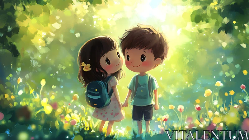 Two Friends Holding Hands in a Sunlit Meadow.