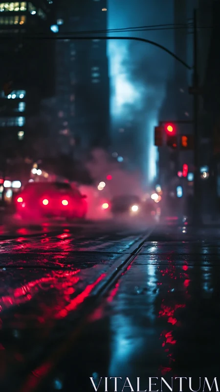 Neon rainstorm ignites a misty midnight city avenue.
