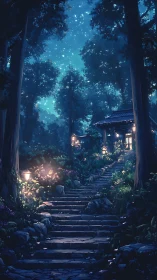 Moonlit stone stairway to forest shrine under luminous stars
