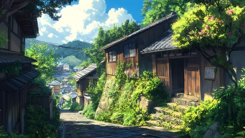 Sunlit hillside alley in tranquil rural Japanese neighborhood.