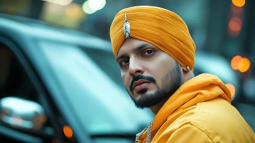 City glow and golden style in a calm street portrait.