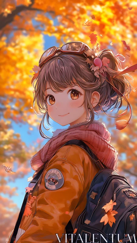 Autumn girl with backpack smiles beneath glowing maple leaves.