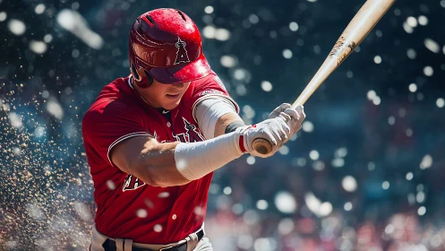 Baseball slugger drives pitch through infield dust cloud.