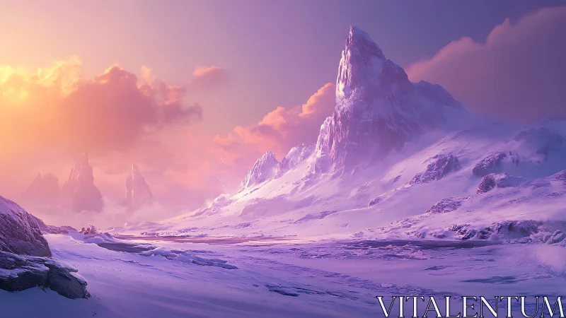 Luminous snow peaks under pastel sunset sky panorama.
