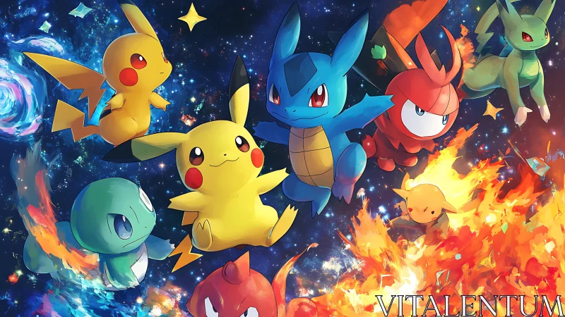 Pokemon heroes soar through a vivid cosmic battle sky