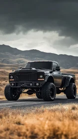 Lifted black off-road truck on rural mountain road.