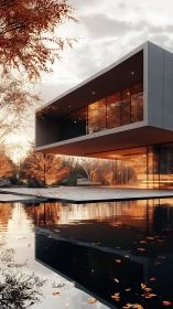 Cantilevered concrete villa mirrors over still autumn pool
