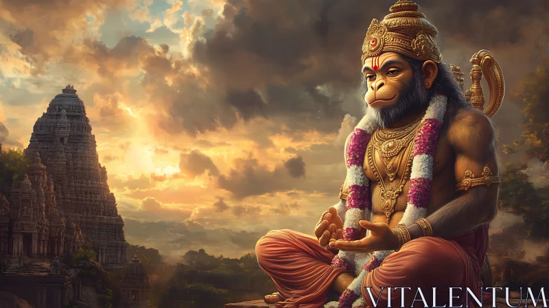 Golden Hanuman meditates beneath storm-lit temple skies