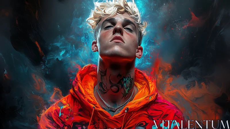 Vibrant neon portrait of blond youth in fiery abstract hoodie