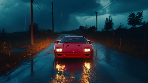 Red sports car on wet rural road under overcast sky at dusk.