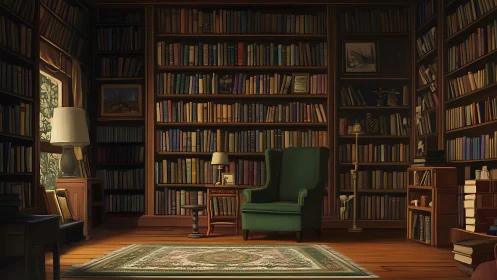 Cozy reading library with green armchair and tall shelves.