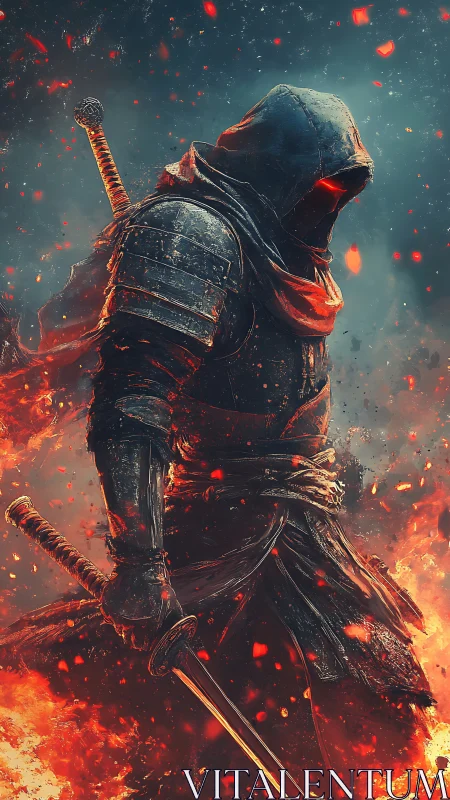 Shadowblade ronin strides through embers of a dying world.