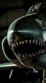 Close-up analysis of sharkmouth nose art on tactical jet fuselage.
