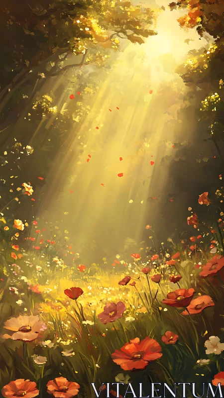 Sunlight filters through forest canopy onto poppy meadow