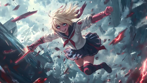 Skybound schoolgirl hero dives through shattered twilight.