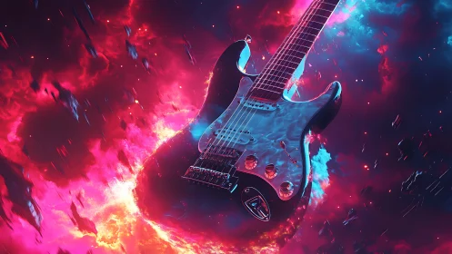Electric guitar floating in vivid cosmic nebula clouds.