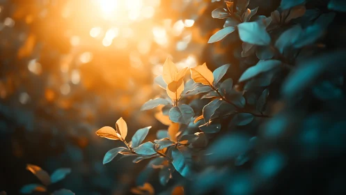Sunlit Leaves in Dreamy Bokeh, Nature Photography Style.