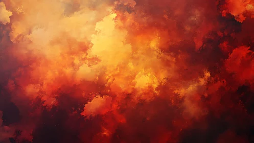 Fiery Abstract Cloudscape in Warm Red and Gold Hues, Digital Art.
