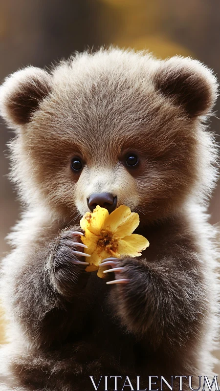 Gentle baby bear pauses to admire a soft yellow flower