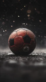 Weathered red football under stadium rain in dramatic bokeh
