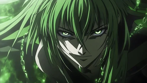 Emerald-illuminated anime warrior with chains and glare.