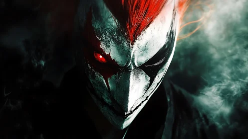 Demonic mask ignites crimson wrath in swirling shadow fog.
