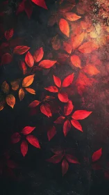Dark textured backdrop with scattered red autumn leaves.