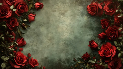 Baroque Floral Composition with Red Roses and Distressed Neutral Ground.