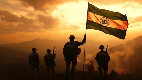 Indian soldiers silhouetted at sunset with national flag.