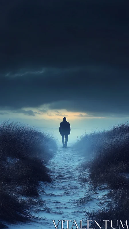 Solitary evening walk along a misty dune pathway.