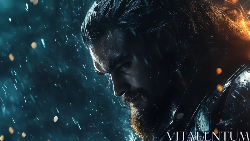 Cinematic warrior portrait in rain with dramatic rim lighting.