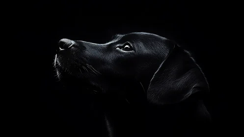 Black dog portrait in dramatic low key side lighting profile.