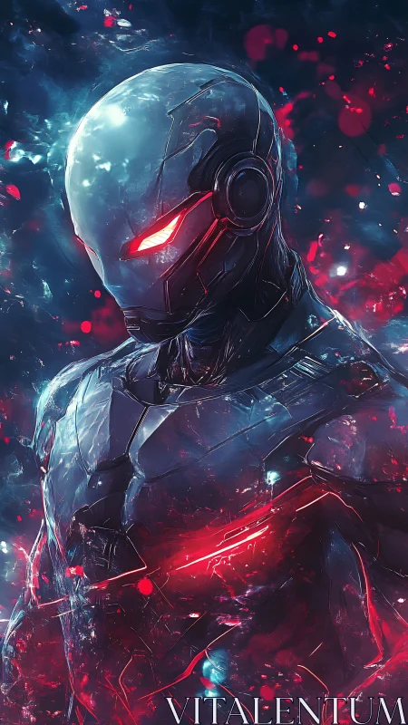 Neon-lit cybernetic warrior stands calm in swirling cosmic light