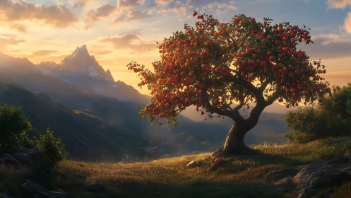 Solitary fruit tree on alpine ridge at warm sunset glow