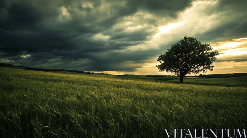 Isolated field oak under convective storm-light gradient dynamics.