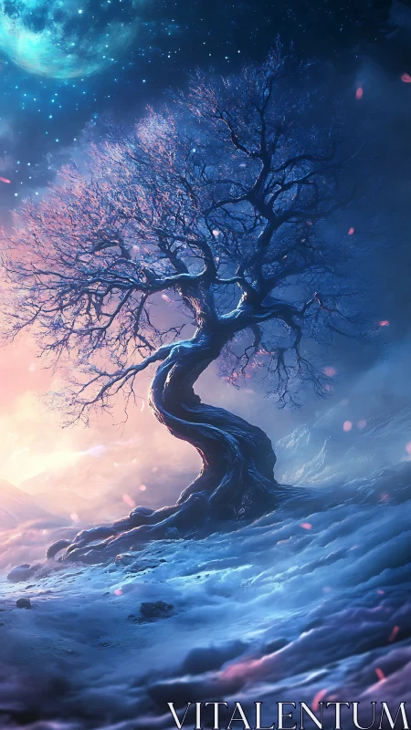 Moonlit winter tree twisting between night and dawn.