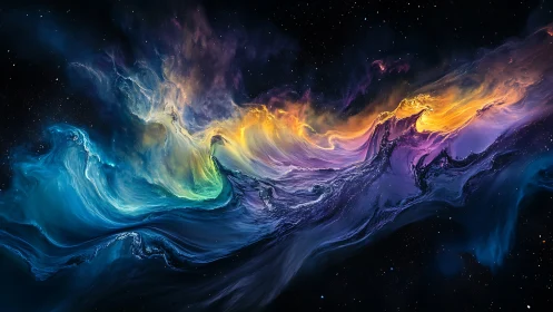 Cosmic nebula wave flows in luminous rainbow spectrum.