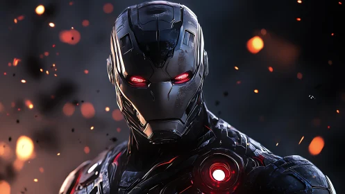 Armored cyborg warrior stands amid glowing battle embers.