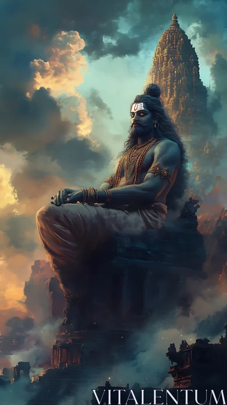 Gigantic meditative deity sits above misty temple spires
