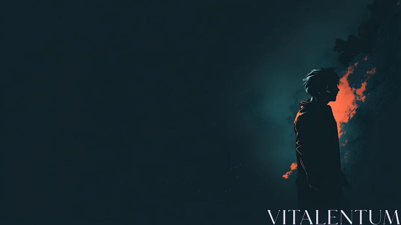 Minimalist anime silhouette with cyan&ndash;orange rim lighting.