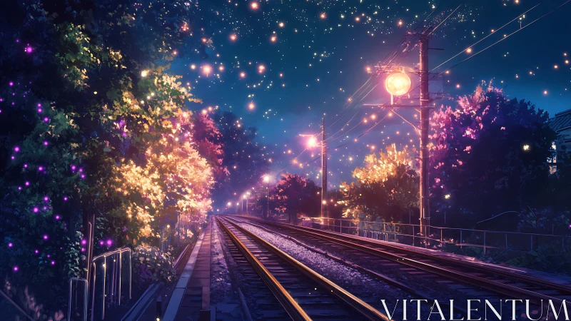 Starlit railway glows through a dreamy, firefly-filled night